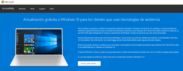 Web de actualización gratuita a Windows 10 para los clientes que usan tecnologías de asistencia