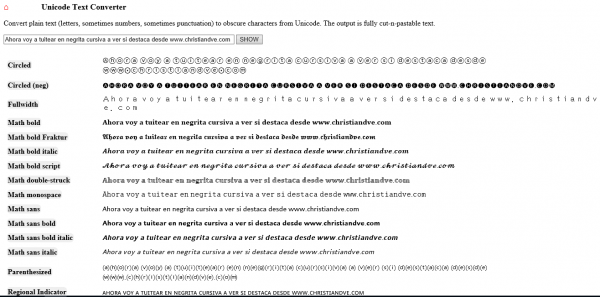 Unicode text converter para convertir texto a negrita, cursiva, otros tipos de letra y efectos para copiar y pegar en Facebook, Twitter, etc.