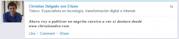 Publicación en LinkedIn en negrita cursiva