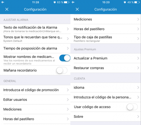 Otros ajustes para configurar los recordatorio de tomar la medicación