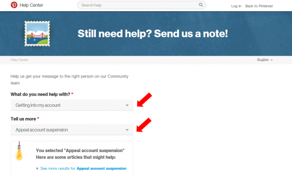 Formulario de contacto de Pinterest para cuentas suspendidas en inglés