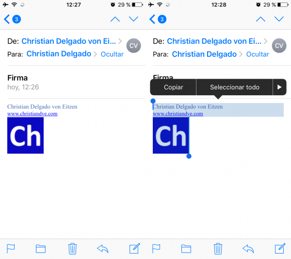 Seleccionar la firma HTML a copiar en el iPhone o iPad