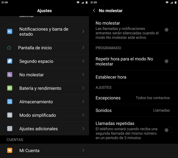 Ajustes del modo "No molestar" en Android en un Xiao Mi