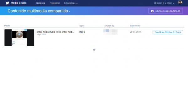 Contenido multimedia compartido por otros disponible en Twitter Media Studio