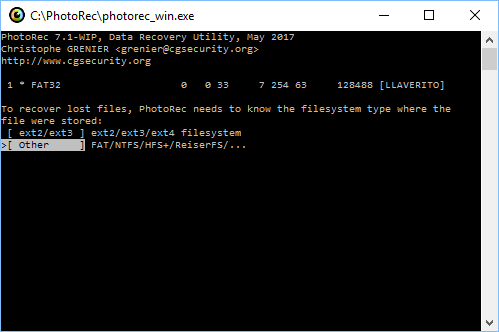 Seleccionar el sistema de ficheros en PhotoRec