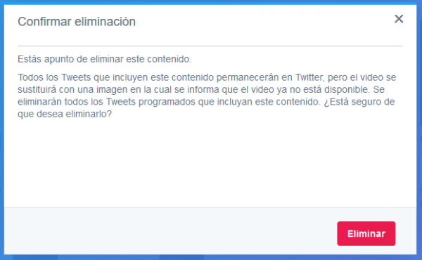 Confirmar eliminación del contenido multimedia de Twitter Media Studio
