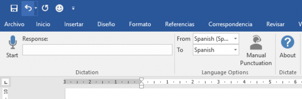 Cinta (Ribbon) de Microsoft Word con la opción de dictar