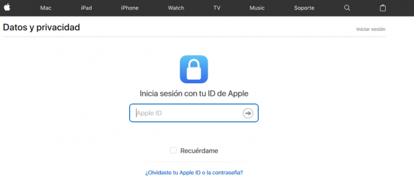 Iniciar sesión en el apartado de privacidad de Apple