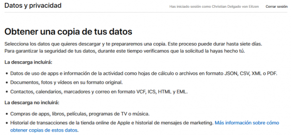 Cómo obtener una copia de tus datos de Apple