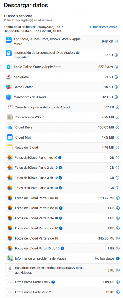 Selección de los datos personales que quiero descargar de Apple