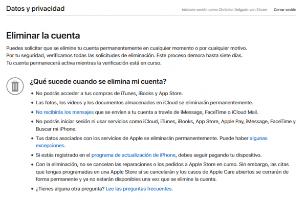 Eliminar la cuenta de Apple