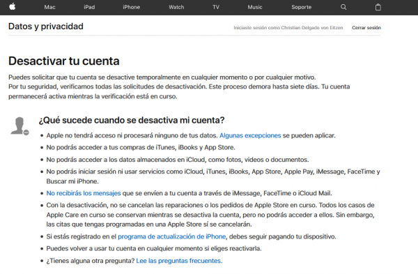 Cómo desactivar o suspender temporalmente la cuenta de Apple