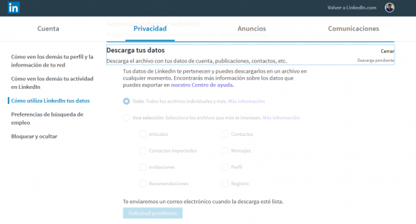 Descargar los datos de tu cuenta de LinkedIn - confirmación