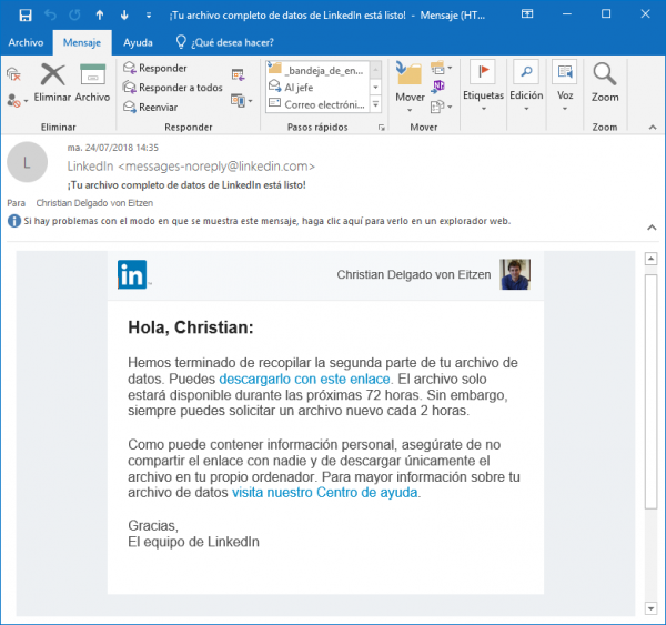 Correo de LinkedIn: ¡tu archivo completo de datos de LinkedIn está listo!