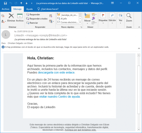 Correo de LinkedIn: ¡la primera entrega de tus datos de LinkedIn está lista!