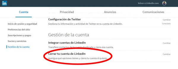 Cerrar cuenta de LinkedIn