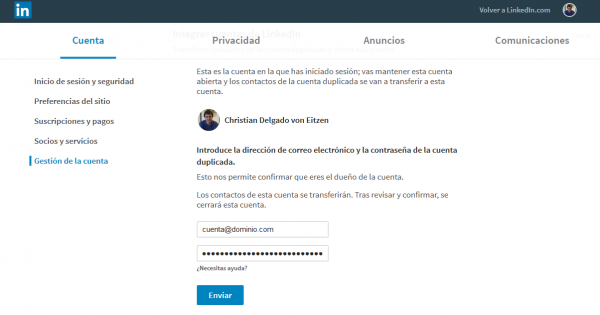 Datos de acceso de la cuenta que quieres fusionar con la actual en LinkedIn