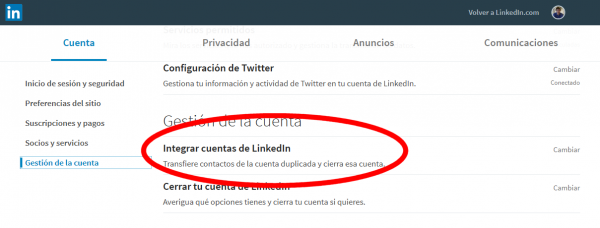 Integrar o fusionar cuentas de LinkedIn