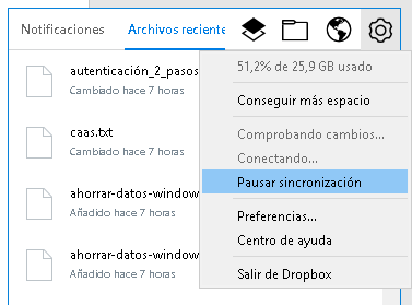 Pausar sincronización con Dropbox para ahorrar datos móviles en Windows 10