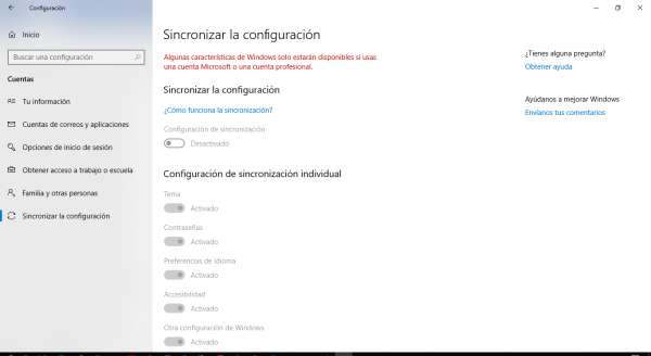 Desactivar la sincronización del PC en Windows 10