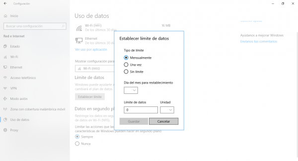 Establecer límite de datos en conexión de uso medido en Windows 10