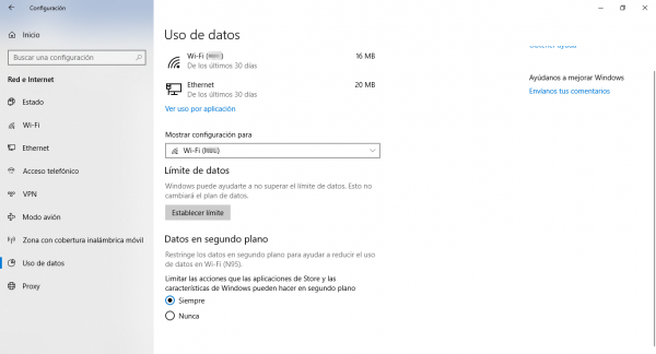 Restringir el uso de datos en segundo plano para reducir el consumo de Internet móvil en Windows 10