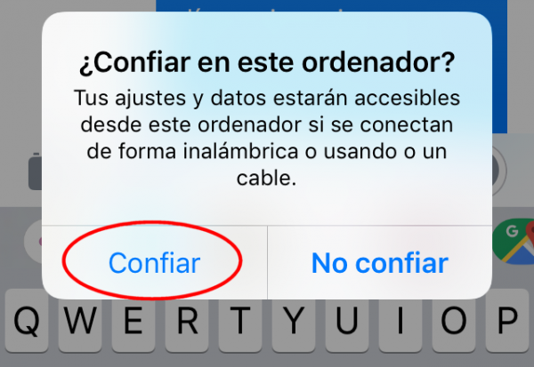 Confiar en este ordenador – Tus ajustes y datos estarán accesibles desde este ordenador y si se conectan de forma inalámbrica o usando un cable