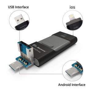 Memoria USB con 3 conectores: USB, lighting (iPhone, iPad) y USB Android