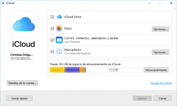 Panel de control de iCloud en Windows