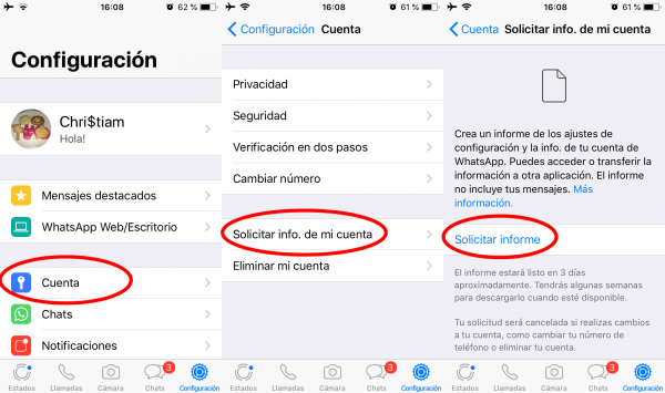 Cómo solicitar la información de la cuenta de WhatsApp en iPhone