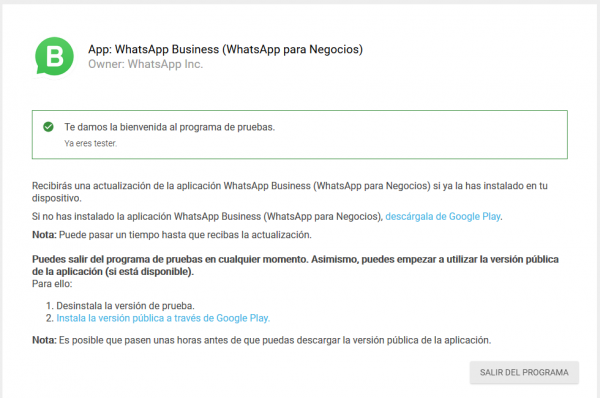 Alta en el programa de WhatsApp Business para Android