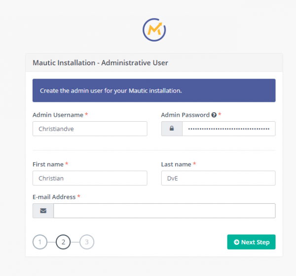 Instalar Mautic paso 2: introducir usuario y contraseña para el panel de control (y dirección de correo electrónico)