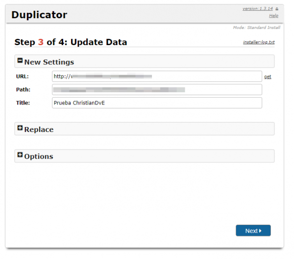 Actualizar datos de la instalación con Duplicator para cambiar de servidor/migrar un WordPress manualmente (Paso 3 de 4)