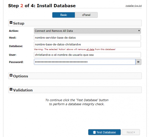 Configuración de la base de datos con Duplicator para cambiar de servidor/migrar un WordPress manualmente (Paso 2 de 4)