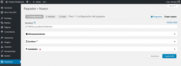 Parámetros para crear el paquete en Duplicator para cambiar/migrar de servidor un WordPress