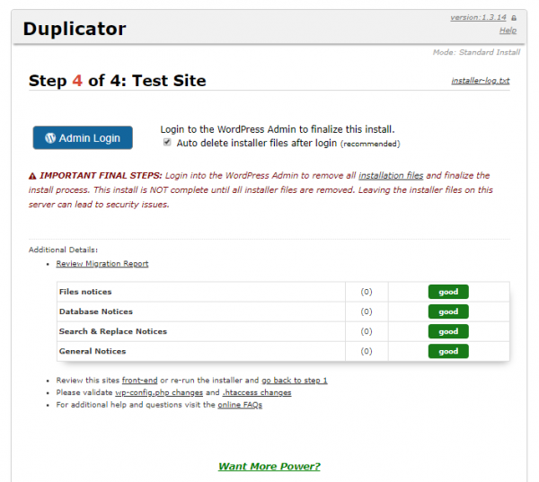 Comprobar la instalación con Duplicator para cambiar de servidor/migrar un WordPress manualmente (Paso 4 de 4)