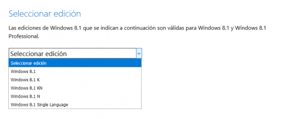 Seleccionar la edición de Windows 8.1 que se quiere descargar