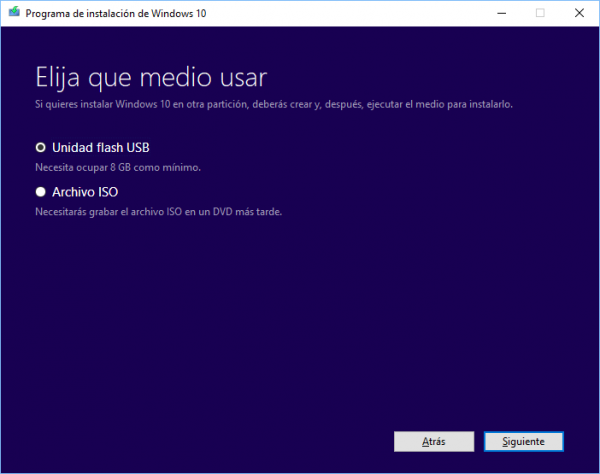 Windows 10: elige el medio a usar