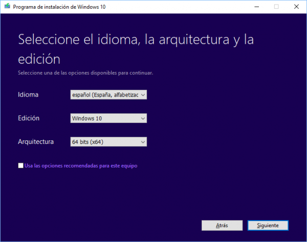 Selección de idioma, Windows 10 y arquitectura del procesador