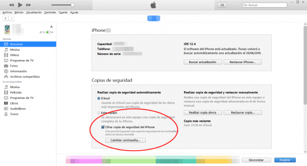 Cifrar copia de seguridad en iTunes