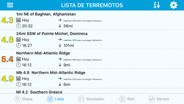 eQuake alerta de terremotos - Lista de terremotos