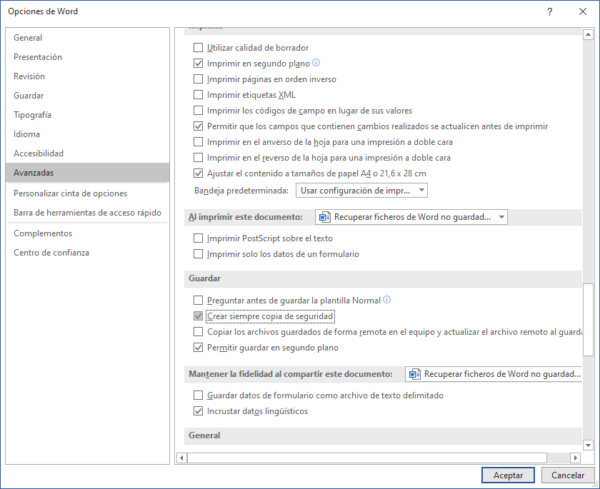 Opciones de Word para crear siempre copia de seguridad