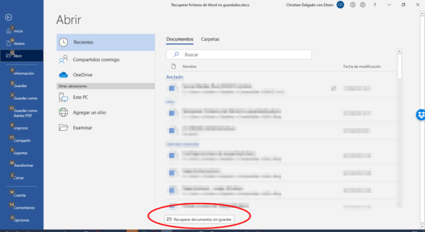 Recuperar documentos sin guardar en Microsoft Word