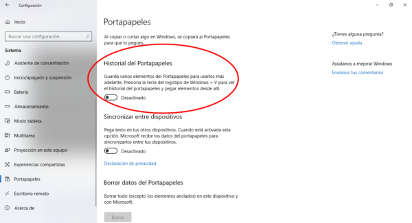 Activar el historial del portapapeles