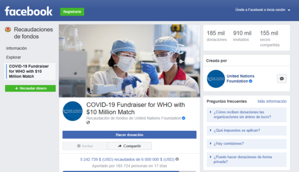 Campaña de donativos en Facebook para la OMS