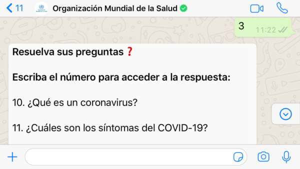 OMS por WhatsApp sobre coronavirus COVID 19- Preguntas frecuentes