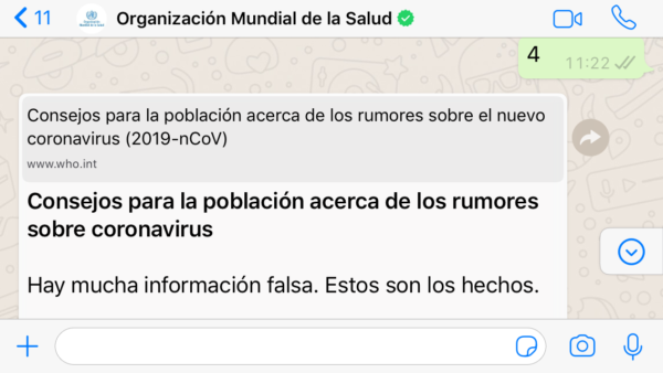 OMS por WhatsApp sobre coronavirus COVID 19- Rumores