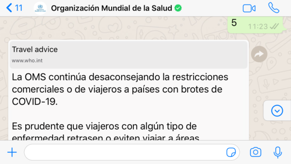 OMS por WhatsApp sobre coronavirus COVID 19- Consejos de viaje