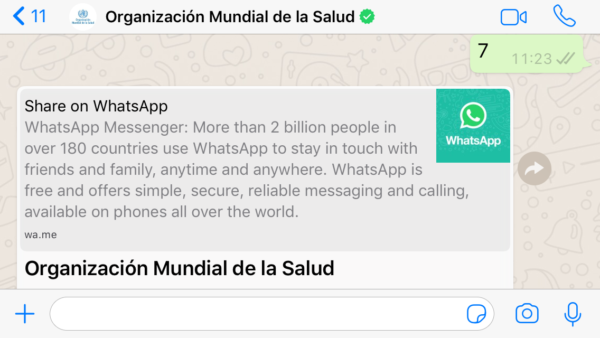 OMS por WhatsApp sobre coronavirus COVID 19- Compartir