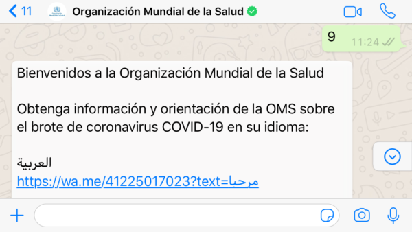 OMS por WhatsApp sobre coronavirus COVID 19- Cambiar idioma